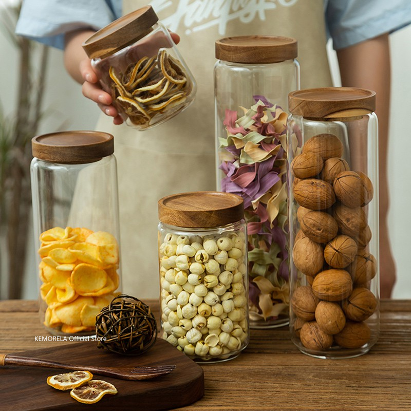 Food Storage Glass Containers - Стеклянная герметичная канистра с деревянной крышкой,