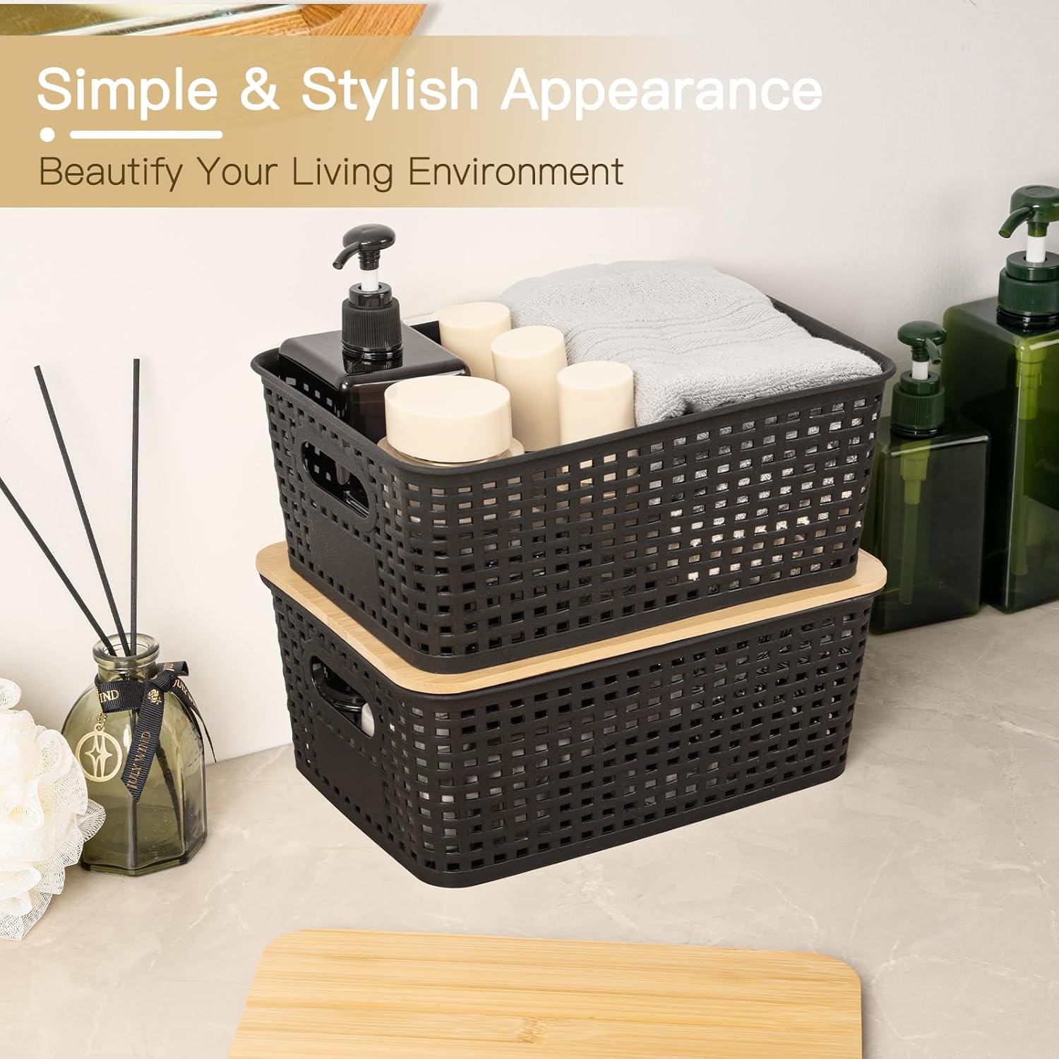 Stackable Pantry Bin - Пластиковые корзины для хранения с бамбуковой